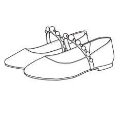 Women’s Sparkly Pearl Ballet Flats with Buckle Strap Shoes Slip On Line art, Technical sketch hand drawing outline vector doodle side isometric view isolated on white background