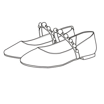 recommend clip art: Women’s Sparkly Pearl Ballet Flats with Buckle Strap Shoes Slip On Line art, Technical sketch hand drawing outline vector doodle side isometric view isolated on white background