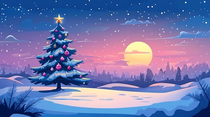 Magical Winter Night,  Christmas Tree under a Full Moon