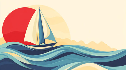 Fototapeta premium A stylized sailboat sails on turquoise waves under a large red sun