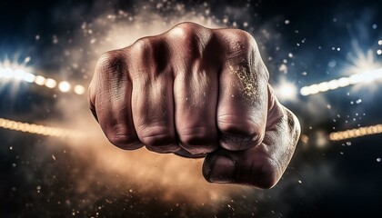 A close up view of a fist punching towards the camera; an action packed flying fist with an animated colorful background; a clinching fist in detailed punching at the camera; blurred background