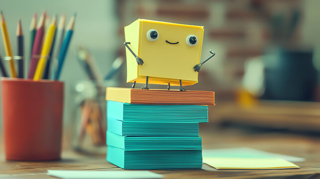 A playful stack of colorful sticky notes with tiny arms and legs, showcasing creativity on a desk filled with school supplies
