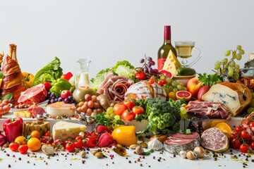  table full of food and bottle of red wine. The table is covered with a variety of fruits, vegetables, and meats