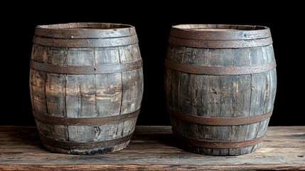 Obraz premium Rustic Vintage Wooden Barrels on Dark Background