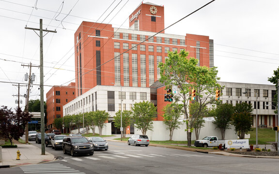 CHATTANOOGA, TN, USA-8 MAY 2021: Erlanger's  Baroness Hospital main entrance, on E. Third St. at Central Ave. Sign and building shown.