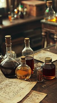 Various sizes and shapes of glass bottles, sealed with corks, contain liquids of different colors