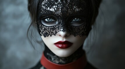 Elegant Masquerade: Mysterious Beauty in Black Lace and Bold Red Lips