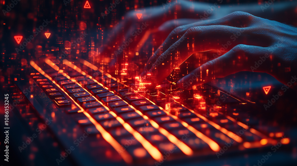 Poster hands typing on glowing keyboard with red cyber holograms