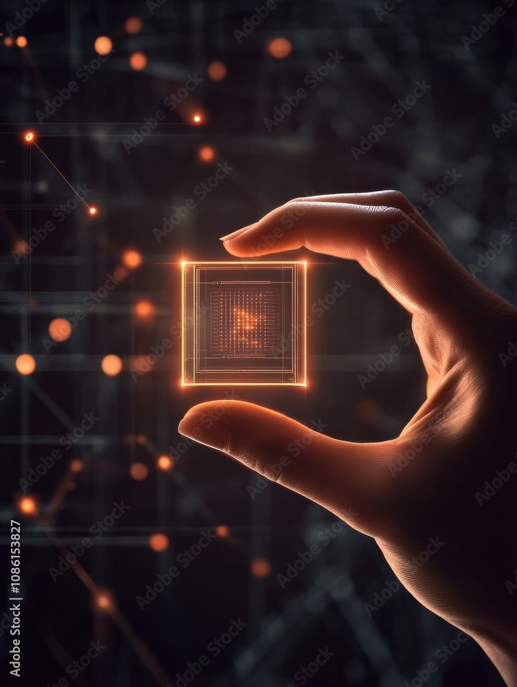 Leinwandbilder A hand carefully holds a micro biochip that features a glowing holographic screen showcasing various health metrics and data. Generative AI