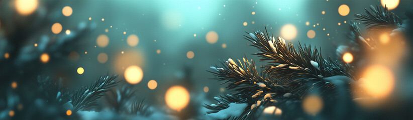 Close-up of a Christmas tree with lights on a dark background – banner design with copy space and blurred bokeh effect.