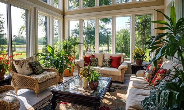 Bright and Inviting Sunroom with Abundant Natural Light, Lush Plants, Cozy Seating, and Views of a Tranquil Outdoors Landscape for Relaxation and Serenity