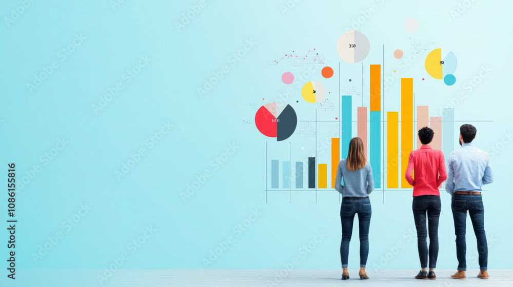 Poster three people standing in front of a colorful bar graph on a light blue background, analyzing data vi
