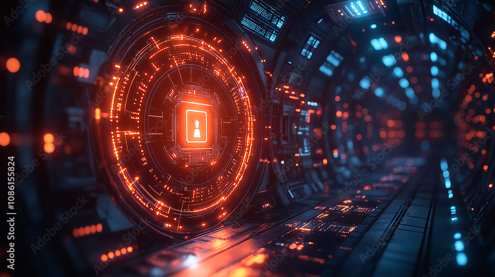 Poster futuristic cybersecurity tunnel with glowing digital lock and data network