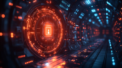 futuristic cybersecurity tunnel with glowing digital lock and data network