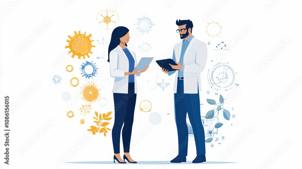 Aufkleber two professionals in lab coats discuss with tablets surrounded by gears and plant motifs, symbolizin