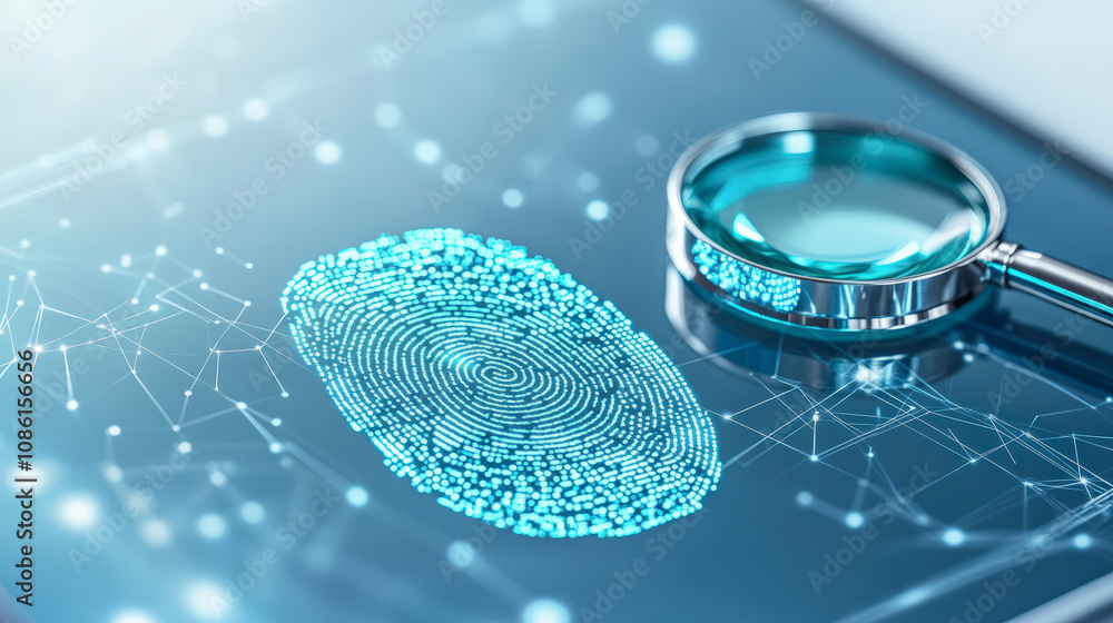 Aufkleber a digital representation of a fingerprint is displayed on a screen, accompanied by a magnifying glas