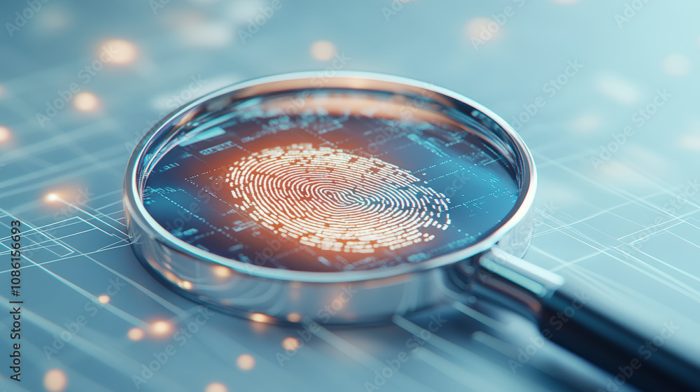 Aufkleber a magnifying glass reveals a fingerprint on a digital surface, symbolizing cyber security and forens