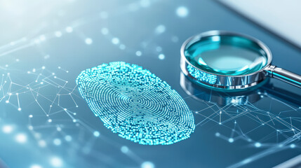 A digital representation of a fingerprint is displayed on a screen, accompanied by a magnifying glass, symbolizing digital security and forensic analysis.