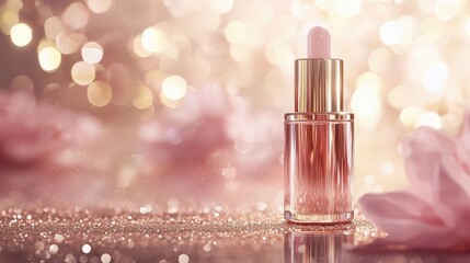 A luxurious skin serum and magnolia flowers on a rose-gold background with lights and sequins