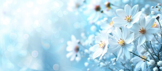 Beautiful Blurred White Flowers Against The Light Blue Background Very Shallow Dof Selective Focus Copyspace On The Right For Your Text