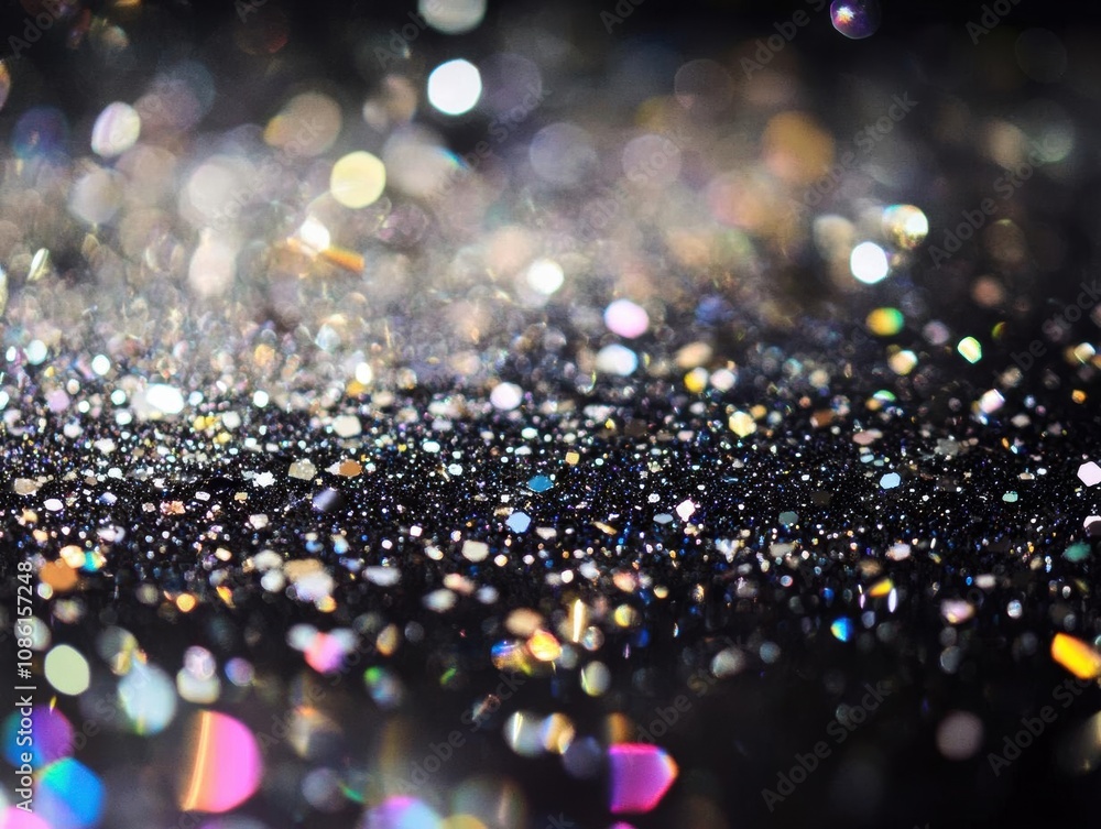 Poster sparkling glitter on black background: abstract texture with iridescent bokeh