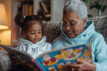 Fototapeta premium An African American grandmother reads an interesting story to her little granddaughter before bedtime