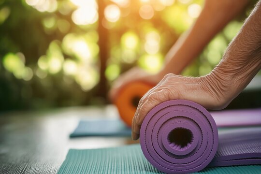 Elderly hands folding a yoga mat against the backdrop of nature