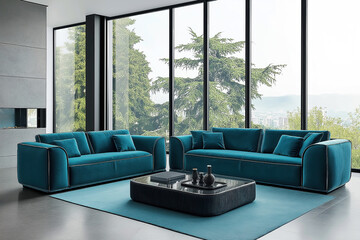 Two turquoise sofas in a luxurious modern interior against a backdrop of panoramic windows