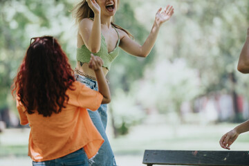 Young adults enjoy a sunny day in the park, having fun and laughing together, expressing joy and friendship.