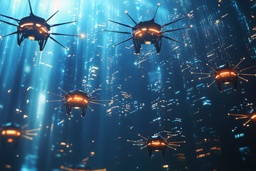 A group of drones patrol the airspace in a big city among skyscrapers