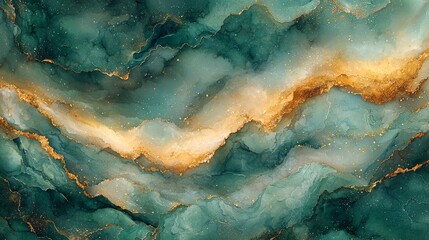 Abstract design featuring swirling teal and gold textures.