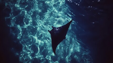 A manta ray swims through turquoise waters, its silhouette a striking contrast against the light.