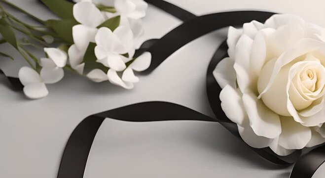 Background with white flower and black funeral ribbon as condolences to mourning symbol bereavement Vertical 4K