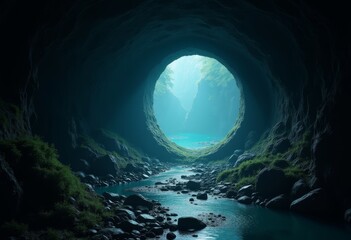 Fototapeta premium A breathtaking view of a cave opening revealing a serene river running through lush green rocks and misty light in the early morning