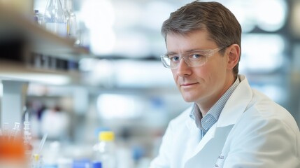 Fototapeta premium A male biotech CEO and scientist leads a group of lab researchers.