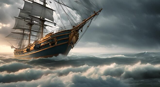 Cartoon old ship with sails sailing during a thunderstorm with rain at sea 4K