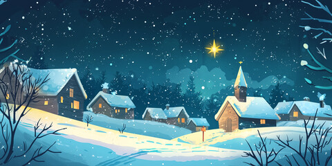 winter falling star over a snow covered village