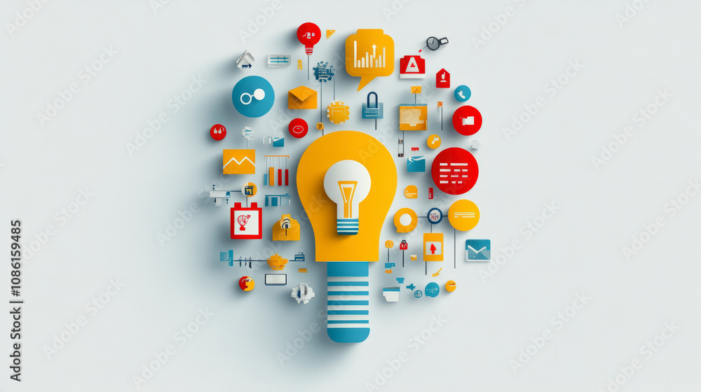Poster a colorful composition featuring a lightbulb shape created with various digital icons, symbolizing i