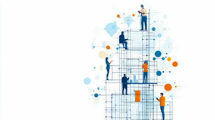 Obraz premium Illustration of people standing and interacting on abstract geometric structures, symbolizing collaboration and connectivity in a networked, digital landscape.