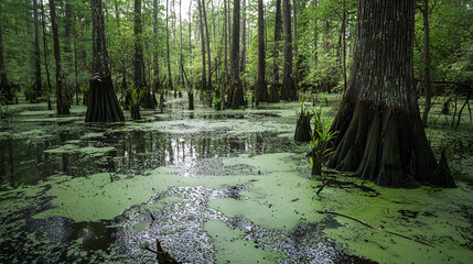 Obraz premium A tranquil swamp showcasing dense mud and moss-covered trees under soft, diffused light at midday