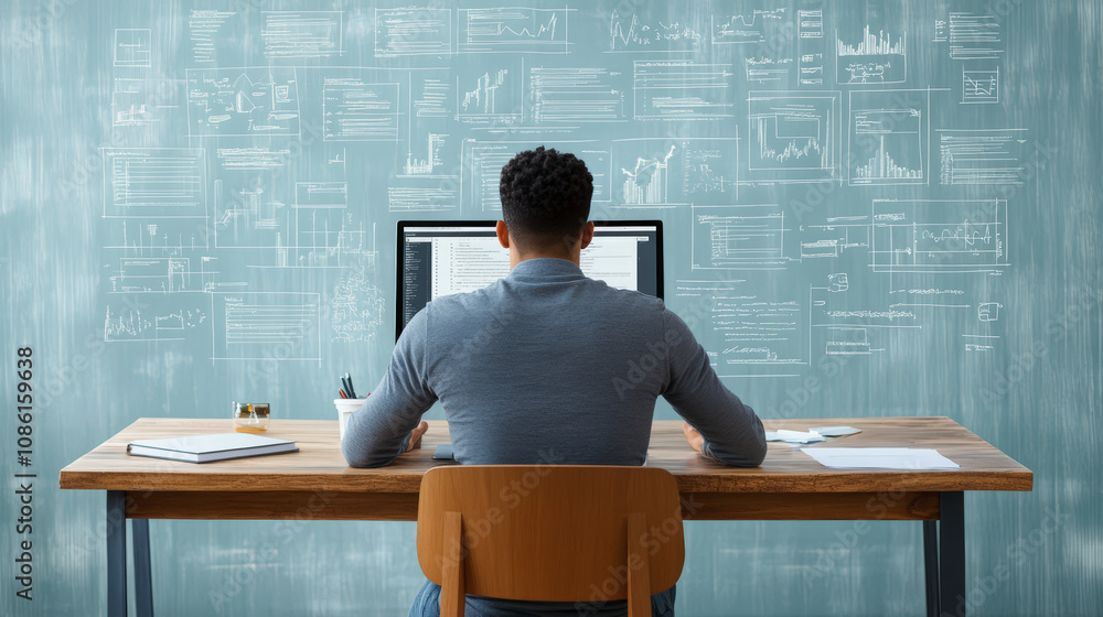 Poster a person sits at a desk working on a computer, surrounded by various diagrams and charts on a chalkb