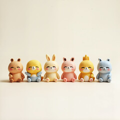 Naklejka premium a row of adorable, colorful, and cute stuffed animals against a neutral background.