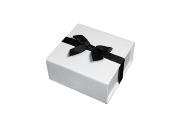 A minimalist white gift box with a neat black satin ribbon tied into an elegant bow, making it a perfect stylish present for the holidays. The image is in PNG format with a transparent background.