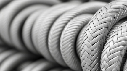 Close-up view of coiled, textured ropes with intricate braided patterns, showcasing detail and craftsmanship in their design and structure.