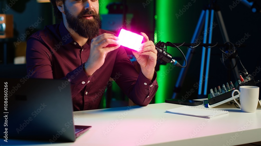 Poster tech guru filming tech review of mini led lights, unboxing and presenting informations to audience. 