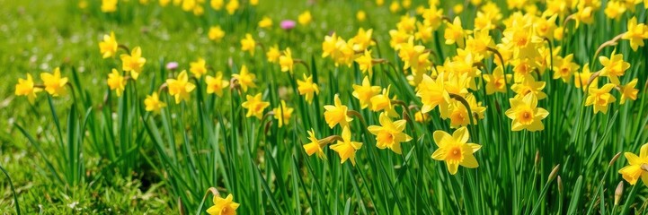 Obraz premium Vibrant yellow daffodil flowers blooming in a lush green field under the warm sunlight, beauty, green