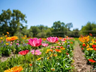Fototapeta premium Vibrant yellow daffodil flowers blooming in a lush field under a clear sky, vibrant colors, blooming