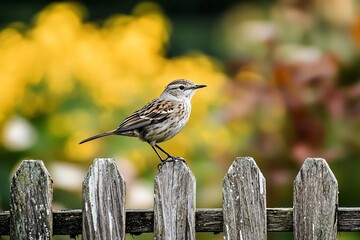 A Sparrow Perched Gracefully on a Wooden Fence Amidst Vibrant Floral Background