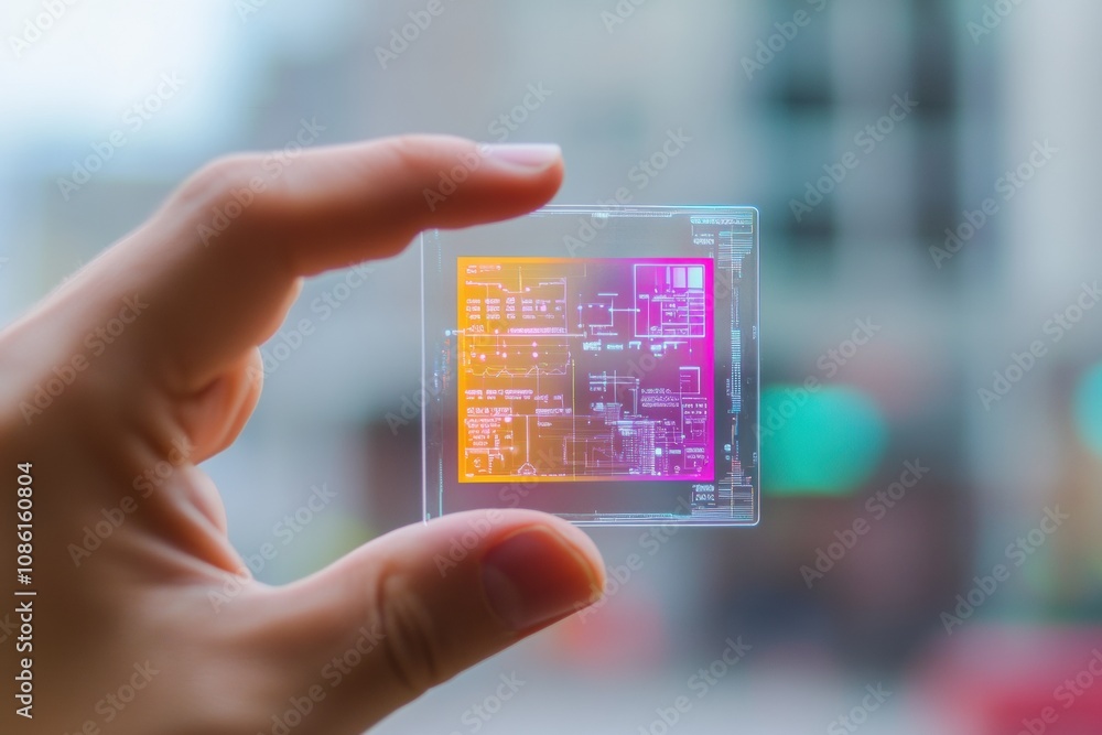 Leinwandbilder a person holds a micro biochip with a holographic screen showcasing various health metrics in a busy