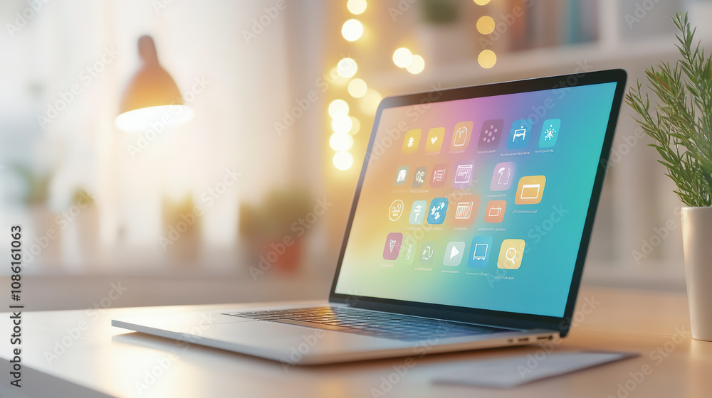 Poster a laptop displays colorful application icons on its screen, set on a desk with soft lighting and a s